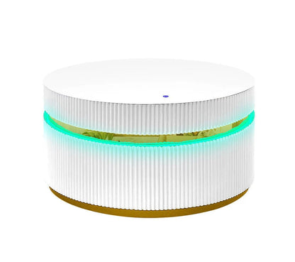 طاولة قهوة دائرية 39 بوصة باللون الأبيض مع سطح زجاجي وإضاءة LED.